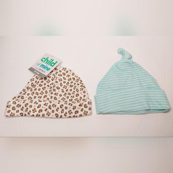 ⭐️5/$25 2 Pack Baby Hats Beanies Teal And White Stripes‎ And Cheetah - Picture 2 of 2